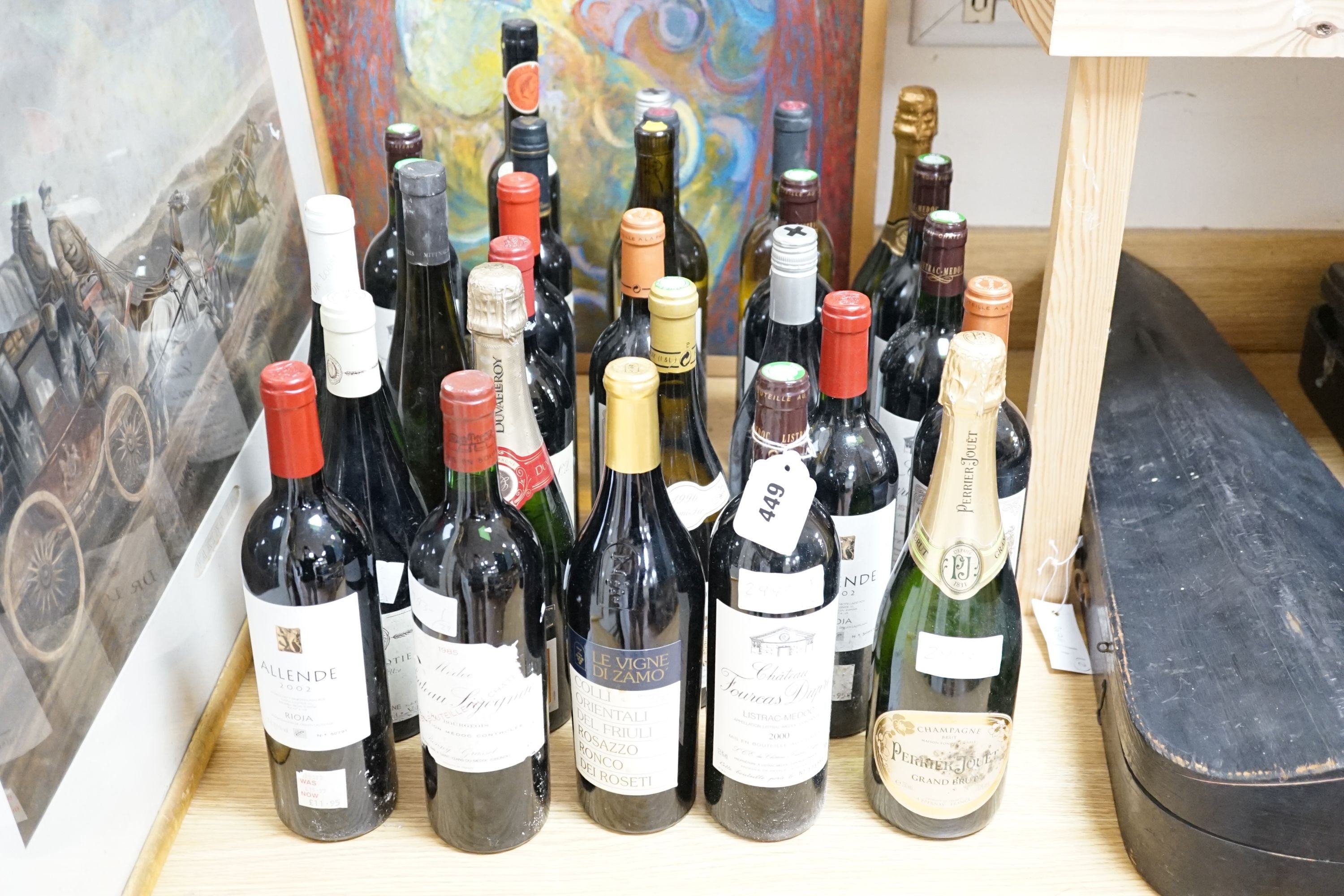 Twenty nine assorted bottles of wine is etc. including Les Tourelles de Longueville, 2003, Chateau Fourcas Dupre, 2000, Perrier Jouet Grand Brut Champagne, Chateau Sigognac, 1985 and Cote Rotie, 2001.